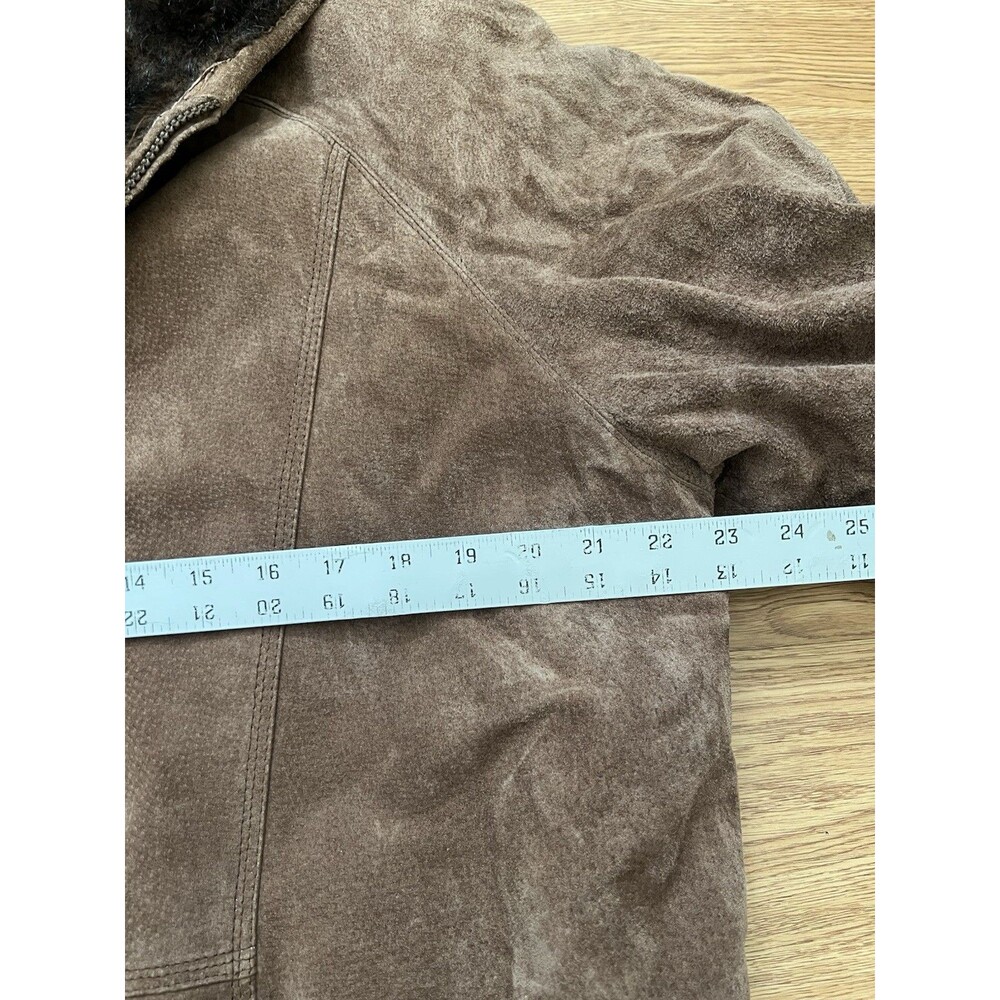 Vtg St Johns Bay Suede Leather Faux Fur Lined  Jacket Zip Hood Womens Sz M Brown - Picture 10 of 11